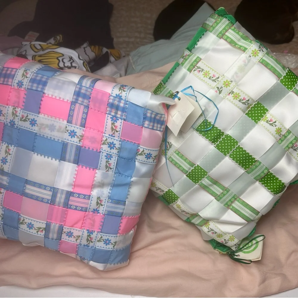 Ribbon Pillows By Marsha Lot;2 Small Fairy/Cottage Core Green & Pink Pillows NWT